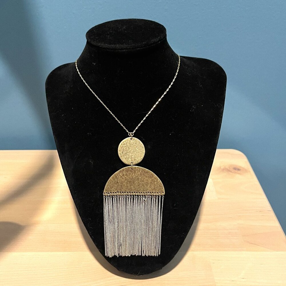 Anthropologie 21"  Necklace. Silver Chain, Gold-Tone Discs, Silver Fringe.